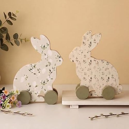 Yousoontic 2 Pcs Bunny Baby Shower Decoration Wooden Bunnies Decor with Wheels Baby Shower Table Centerpieces with Floral Prints Gift for Mom Gender Reveal Birthday Party, Nursery Decor(Green Bunny)