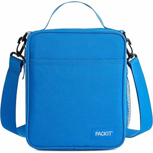 PackIt Freezable Crossbody Lunch Box, Azure Blue, Technology, Fully Freezable, Collapsible, Reusable, With Top Handle, Front Slip Pocket. Effortlessly Carry, Fresh Every Time