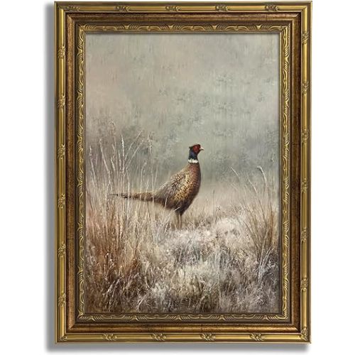 Pheasant Wall Art Vintage Gold Framed Canvas Print Wildlife Picture Farmhouse Country Wall Decor Rustic Animal Poster Cabin Lodge Hunting Theme Living Room Entryway Office Ready to Hang 12x16