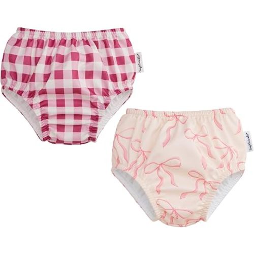 Tiny Twinkle Pull-Up Reusable Swim Diapers 2-Pack | Waterproof and UPF 50+ Sun Protection | Lightweight and Absorbent | Machine Washable(Raspberry Gingham,Bubblegum Bows,0-6M)