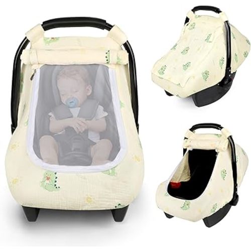 Muslin Baby Car Seat Cover for Boys Girls, Infant Carseat Canopy with Breathable Mesh Peep Window, Summer Lightweight Sunshade Carrier Cover for Newborn, Green Dinosaur