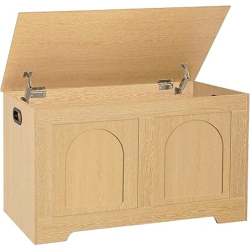 DINZI LVJ Storage Chest, 31.5”Wooden Toy Box with 2 Safety Hinges, Entryway Storage Bench with Flip-Top, Sturdy Storage Trunk for Living Room, Bedroom, Easy Assembly, Natural