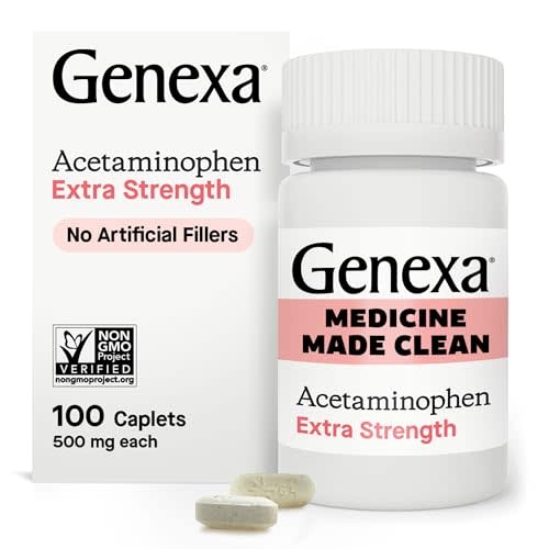 Genexa Clean Acetaminophen Extra Strength, Dye Free Pain Reliever & Fever Reducer, 0% Artificial Additives, Pain Relief for Headache, Backache, Toothache, & Minor Arthritis, 500mg, 100 Caplets