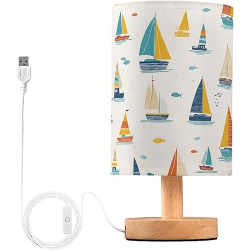 Table Lamp Sailboat Colorful Nightstand lamp Fabric Lamps with Wood Base Fabric Shade Bedside Desk Lamps for Bedroom Living Kids Room Desk Nursery Office Home Decor