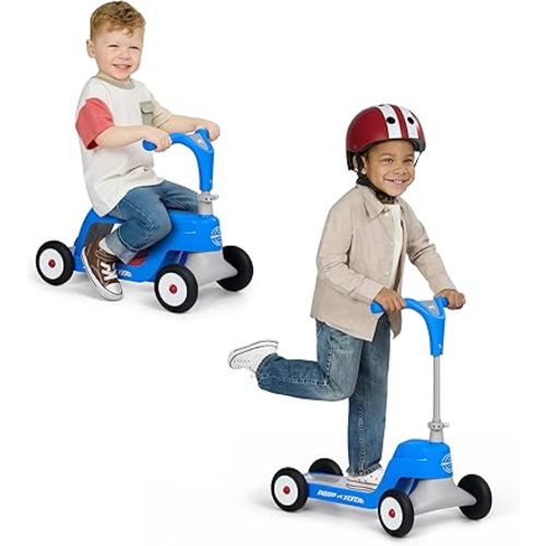 Radio Flyer Scoot 2 Scooter, Blue/Red/Pink, for Kids Ages 1-4, Ride On Toy or 4-Wheel Kids Scooter, Durable Wheels and Frame, Converts Easily with Flip Deck, Toddler Ride On Toys (Amazon Exclusive)