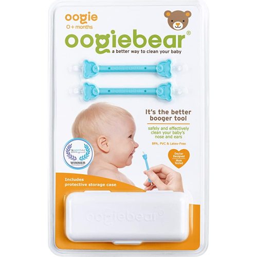 oogiebear - Patented Nose and Ear Gadget. Safe, Easy Nasal Booger and Ear Cleaner for Newborns and Infants. Dual Earwax and Snot Remover - Two Pack with Case - Blue
