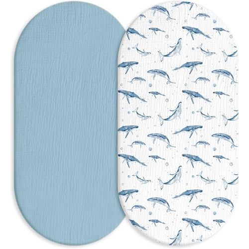 Muslin Bassinet Fitted Sheets 2 Pack, Soft Breathable Cotton Baby Bassinet Mattress Sheet Set, 360° Elastic Snug Fit, Universal for Oval, Rectangle & Hourglass Cradle, Unisex Baby Bedding (Blue Whale)