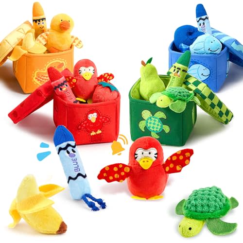 JoyCat Baby Toys 6-12 12-18 Months, Montessori Sensory Toys for 1 Year Old, 12 PCS Pushies with 4 Color Sorting Boxes, Animals Fruit Crinkle Crayon - Easter Basket Stuffers Gifts for Kids Boy Girl