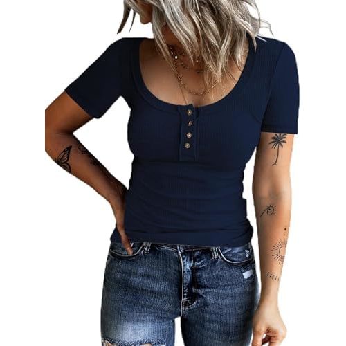 KINLONSAIR Women’s Short Sleeve Henley T Shirts Button Down Slim Fit Tops Scoop Neck Ribbed Knit Shirts