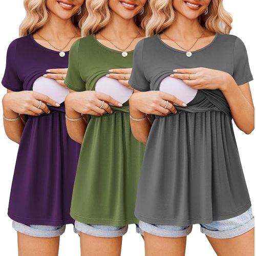 Ekouaer Womens Nursing Tops 3 Packs Short Sleeve Breastfeeding Shirts Double Layer Postpartum Shirt S-XXL