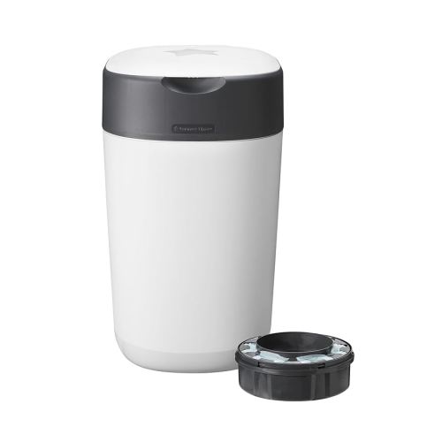 Tommee Tippee Twist and Click Nappy Bin, Includes 1x Refill Cassette with Multilayer, Antibacterial Film, 100% Recycled Chassis, White