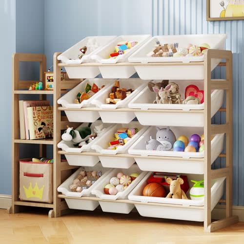 EXPERLAM Toy Storage Organizer - Toy Organizers and Storage with Bookshelf, Toy Storage Shelf with 3 Shelves and 12 Storage Bins, Kids Bookshelf and Toy Storage for Kids Room, Playroom, Nursery, White