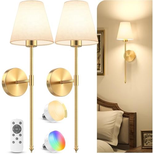 VOLISUN Battery Operated Wall Sconces Set of Two, Wireless Wall Sconces with Remote and Dimmable Bulbs, 9 Colors Battery Powered Wall Lights, Gold Rechargeable Wall Lamps for Bedroom (23.6 inch)