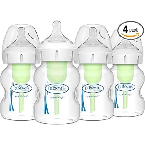Dr. Brown’s Natural Flow Anti-Colic Options+ Wide-Neck Baby Bottles 5 oz/150 mL, with Level 1 Slow Flow Nipple, 4 Pack, 0m+