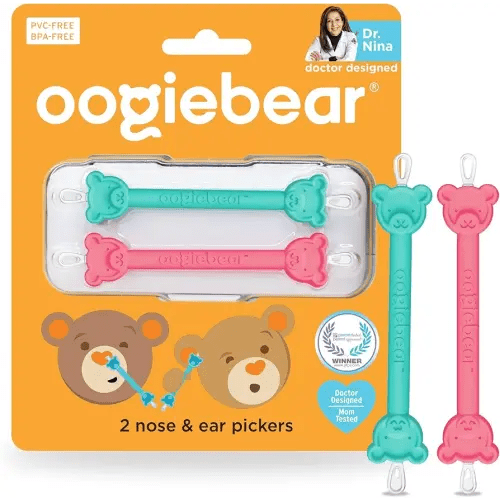 oogiebear Baby Nose Cleaner & Ear Wax Removal Tool - Safe Booger & Earwax Removal for Newborns, Infants, Toddlers - Dual-Ended - Essential Baby Stuff, Diaper Bag, Raspberry & Seafoam with case