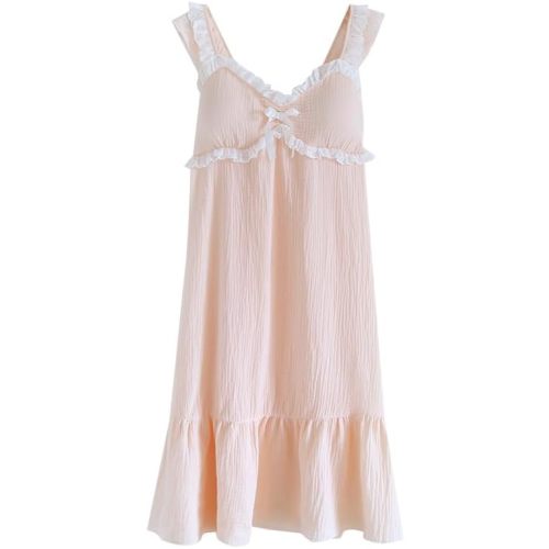 Womens Built in Bra Cotton Nightgown Sweet Gauze Dress Ruffle Strap Summer Lounge Dress