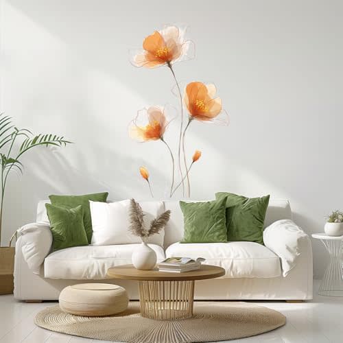 ANNA QUEEN Minimalist Orange Flower Wall Decals Peel and Stick Modern Floral Wall Stickers Removable Vinyl Botanical Wall Decor for Living Room Bedroom Hallway Elegant Wall Art