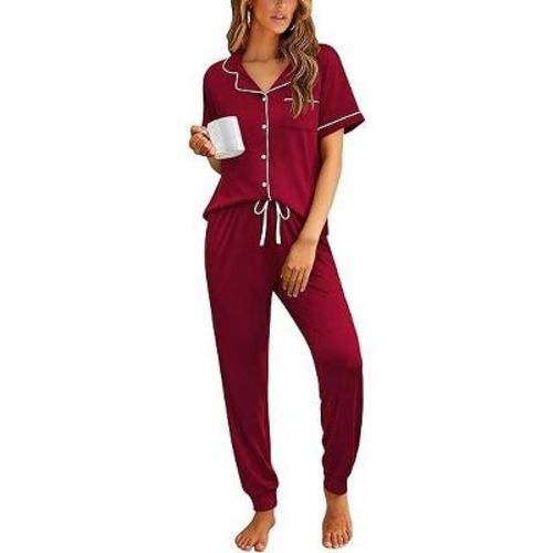 Ekouaer Women Pajama Set Short Sleeve Button Down Pjs Soft Comfy Sleepwear Nightwear with Jogger Pants Burgundy S