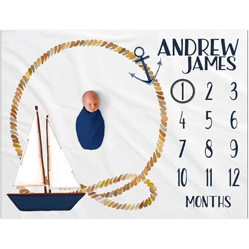 Personalized Nautical Baby Boy Milestone Blanket, Monthly Growth Blanket with Sailboat, Anchor and Nautical Rope, Ocean Theme Newborn Photo Prop, Perfect, Soft Fleece Material