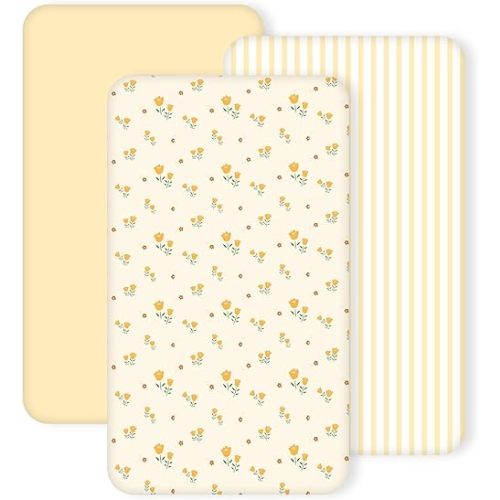 3 Pack Crib Sheets for Girls – Fitted Crib Sheets for Standard Crib Mattress and Toddler Mattress, Ultra Soft Breathable Washable Polyester, 28x52inch, Yellow & Flower