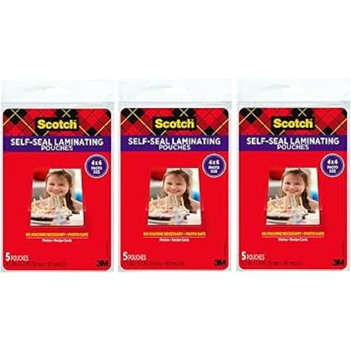 Scotch Self-Sealing Laminating Pouches, 4 x 6 Inches, 3-Pack of 5 Pouches – No Machine Needed, Clear, Photo Safe