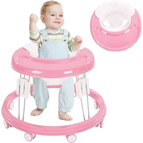 Adjustable Baby Walkers for Baby with Easy Clean Tray, Universal Wheeled Walker, Anti-Rollover Folding Walker for Girls Boys 6-18Months Toddler (Pink)