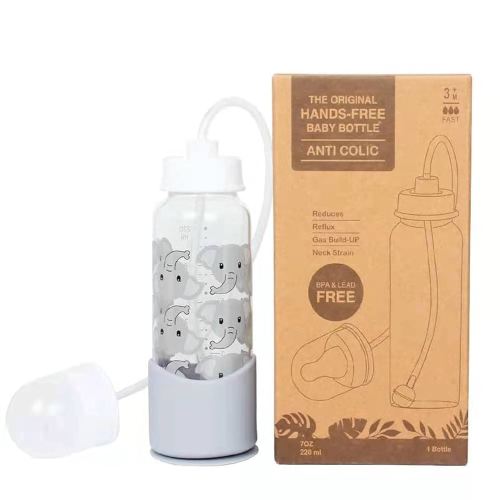 Hands-Free Baby Bottle - Anti-Colic Nursing System 7 oz Baby Bottle with Fast Flow Nipple/Teat 3m+ Infant with Tube Straw Feeding System for Toddler (1 Bottle - Elephant)