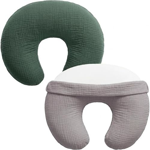 Pro Goleem Muslin Nursing Pillow Cover, 100% Cotton Soft Breathable Feeding Pillow Slipcover for Breastfeeding Moms, Fits Standard Infant Nursing Pillow, for Boys and Girls, 2 Pack (Grey＆Green)