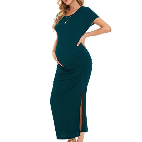 Smallshow Women's Split Long Maternity Dress Short Sleeve Ruched Pregnancy Clothes
