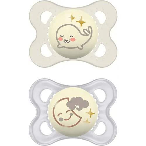 MAM Night Pacifiers (2 Pacifiers & Sterilizing Box), MAM Pacifiers 0-6 Months, Best Pacifier for Breastfed Babies, Unisex, Glow in the Dark Pacifier