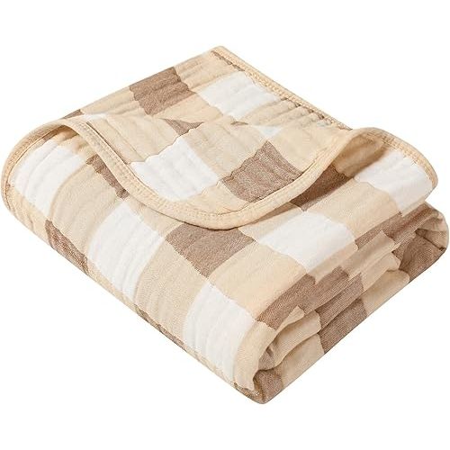 Ultra Soft Muslin Baby Blanket Made with Organic Cotton - Neutral Earth Tone Checkered Swaddle & Nursery Quilt, 43x43 (Beige-Coffee Checkered)