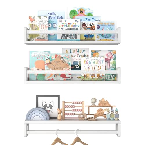 URBANCOZ Floating Nursery Book Shelves for Wall, 23.6 Inch Nature Solid Wood Wall Mounted Bookshelf Set of 3, Hanging Bookshelves for Kids Room, Bedroom Nursery Decor and Book Storage (White)