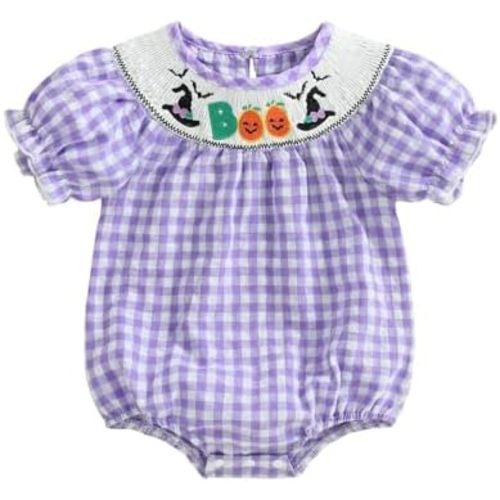 My First Halloween Baby Girl Outfit Newborn Pumpkin Patch Romper Short Sleeve Doll Collar Smocked Plaid Bubble Romper