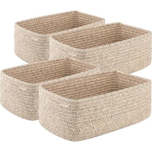 OIASKET Lot de 4 petits paniers de rangement pour étagère pour l'organisation, mini paniers de rangement tissés en corde pour serviettes, joli organisateur décoratif pour placard, chambre de bébé