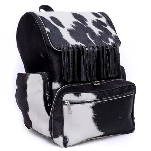 CHAYELL Cowhide Diaper Bag Backpack Black & White Fringe – Handpicked Premium Hair On Rugged Cow Hide Leather – Handmade Western Diaper Bags for Baby Girl –Laptop Knapsack for Mom, Dad & Free-Spirited