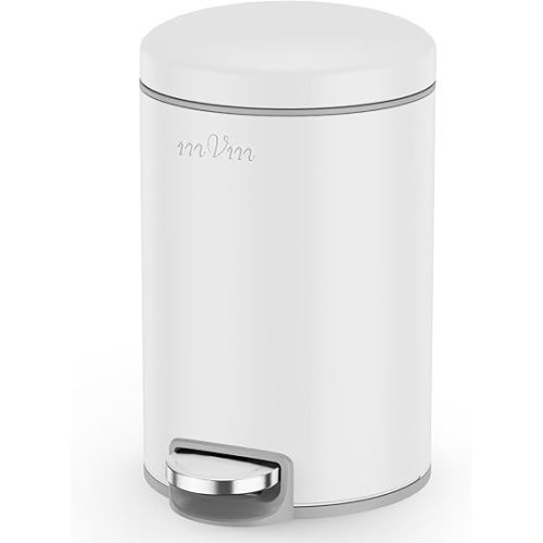 mVm Bathroom Trash Can,3.2Gallon(12L) Office Trash Cans Step Round Garbage Can with Lid,Soft-Close,Anti-Fingerprint,Foot Pedal.Stainless Steel Trash Can for Bathroom,Office,Bedroom,Living Room(White)