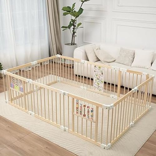 Foldable Wooden Baby Playpen Activity Center,Adjustable Size & Shape Portable Play Yard, Baby Fence Play Area with Gate for Indoor Use for Babies and Toddlers(84x56x24inches)