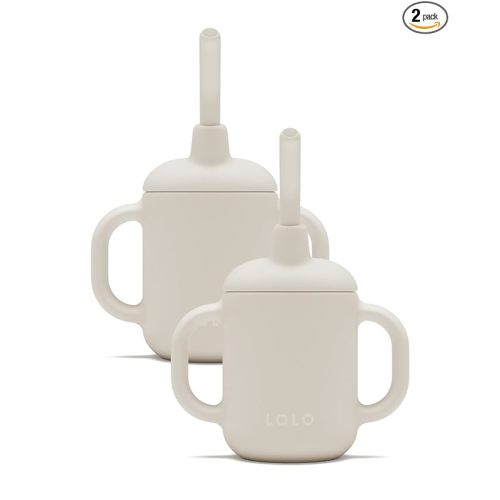 Lalo Little Cup 2-Pack, Non-Toxic Silicone Straw Cup with Handles - Baby and Toddler Sippy Cup - Mini Cup and Straw Training System, 4oz, Oatmeal