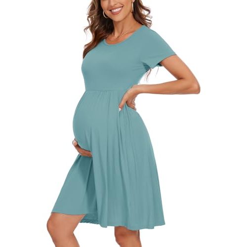 Women's Short Sleeve Maternity Dress Patchwork Pregnancy Clothes with Pockets