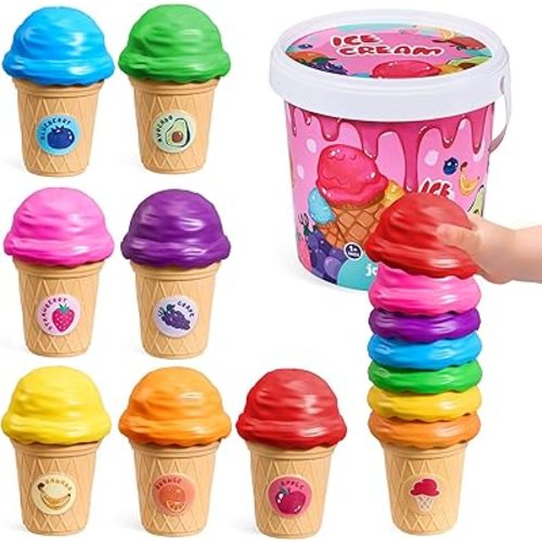 JOYCAT Ice Cream Play Set for Toddlers 1-3, Color Sorting Stacking Toys, Pretend Play Food for Girls Kids Gifts, Fine Motor Skills Learning Toys, Easter Basket Stuffers (7 Cones 7 Scoops 1 Bucket)