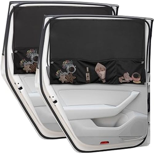 Car Window Shades 2 Packs Magnetic Side Window Car Sun Shade with Storage Pockets, Blackout Car Curtains for Windows for Baby Privacy, Rear Car Window Covers for Sun Block