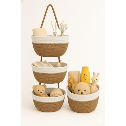 Japanese Handmade Cotton Rope Hanging Basket Organizer – 3 Tier Wall boho Storage Organizer for Toys , Snacks & Décor – Eco-Friendly Coiled Weaving Craft, Housewarming & Shower Gift (White&brown)