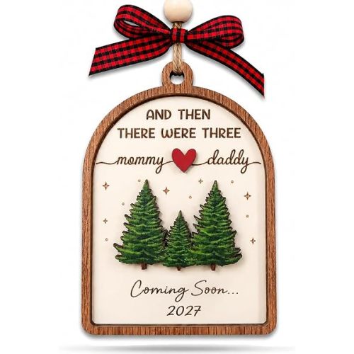 Pregnancy Announcement Ornament 2027, And Then There Were Three Christmas Ornament Parents To Be, Mommy Daddy Baby Coming Soon 2027 Wooden Keepsake, Expecting Parents Gift with Red Plaid Bow