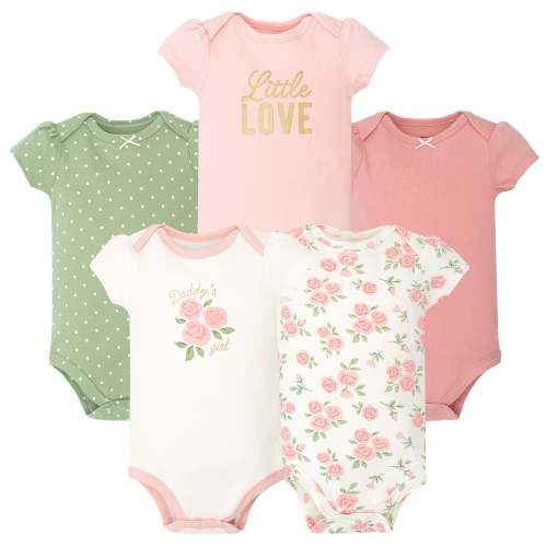 Hudson Baby Cotton Bodysuits 5-Pack, Soft Pink Sage Rose