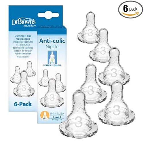 Dr. Brown’s Narrow Level 3 Medium-Fast Flow Nipple, 6m+, 6-Pack