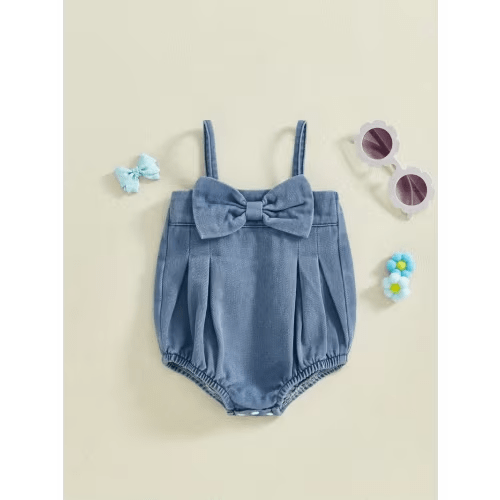 baby girl denim romper sleeveless square neck bow front - Temu
