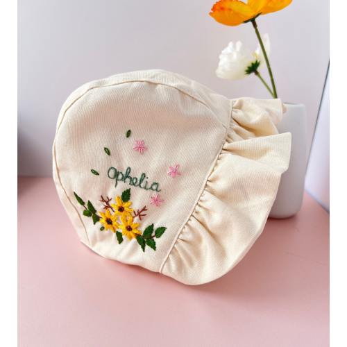 Personalized Hand Embroidered Linen Baby Bonnet With Sunflowers, Rose, Rabbit, Custom Name Bonnet, Baby Sunbonnet White, Neutral Baby Gift
