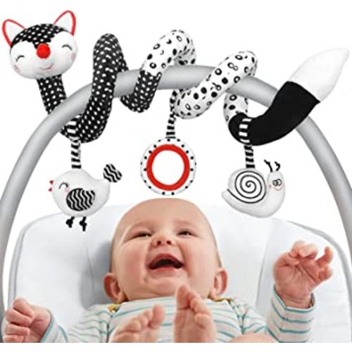 Car Seat Toys for Babies 0-6 Months Boy Girl Carseat Toys Hanging, Black and White High Contrast Baby Toy for Newborn, Baby Infant Sensory for Crib Mobile Carseat Stroller, Gift for 0 3 6 9 12 Months