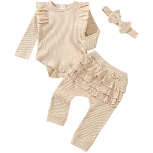 Baby Girl Clothes Ribbed Ruffle Long Sleeve Romper Pant 0-18 Months
