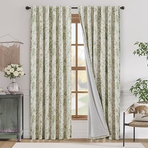 jinchan Blackout Linen Blend Curtain Floral Curtains for Living Room 84 Inch Length Sage Green Printed Curtain with Lined Blackout Curtains for Bedroom Farmhouse Curtains Set 2 Panels